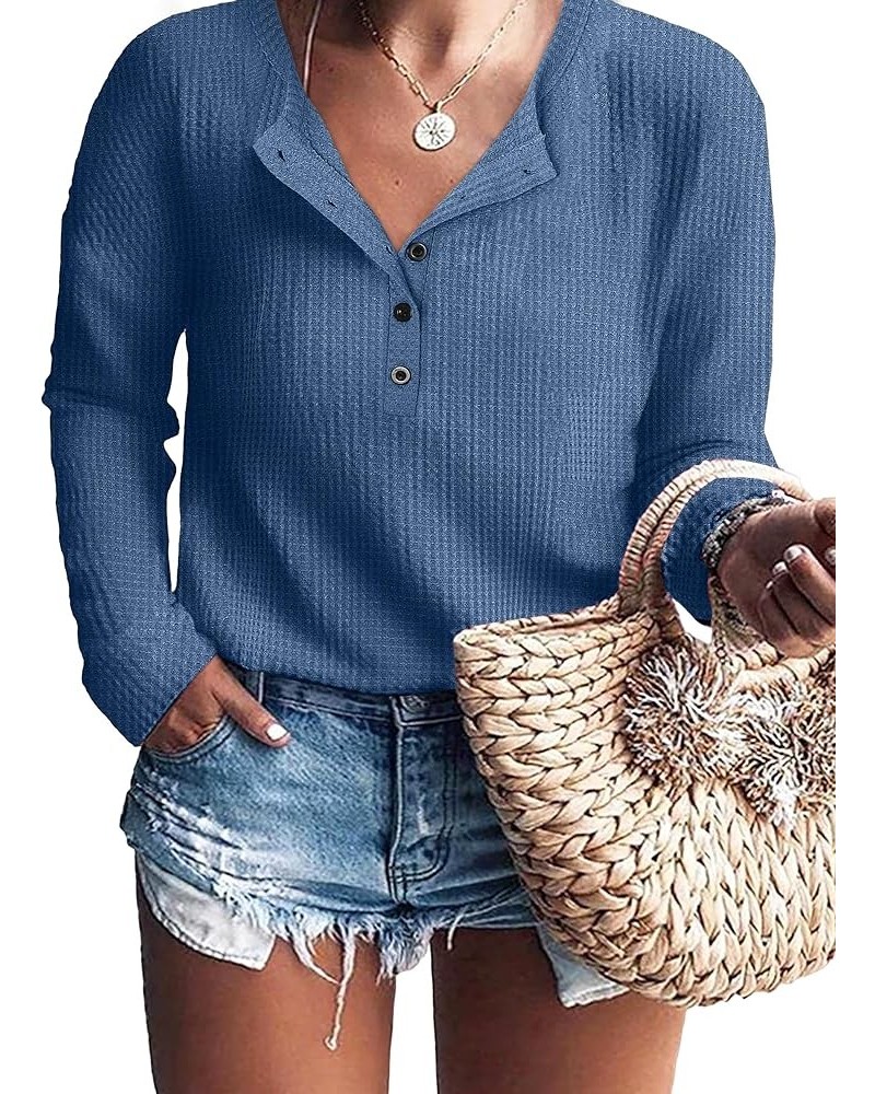 Womens Plus Size Tops Waffle Knit Blouse V Neck Button Up Long Sleeve Henley Tunic A-blue $8.99 Tops