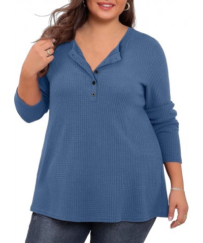 Womens Plus Size Tops Waffle Knit Blouse V Neck Button Up Long Sleeve Henley Tunic A-blue $8.99 Tops