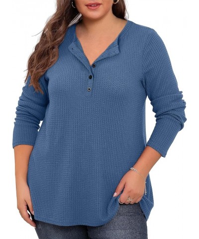 Womens Plus Size Tops Waffle Knit Blouse V Neck Button Up Long Sleeve Henley Tunic A-blue $8.99 Tops