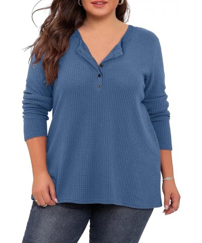 Womens Plus Size Tops Waffle Knit Blouse V Neck Button Up Long Sleeve Henley Tunic A-blue $8.99 Tops