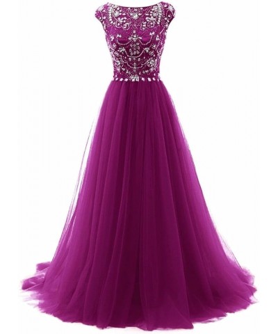 Women's Wedding Bridesmaid Dress Cap Sleeve Crystal Tulle Long Prom Dresses Purple $46.03 Dresses