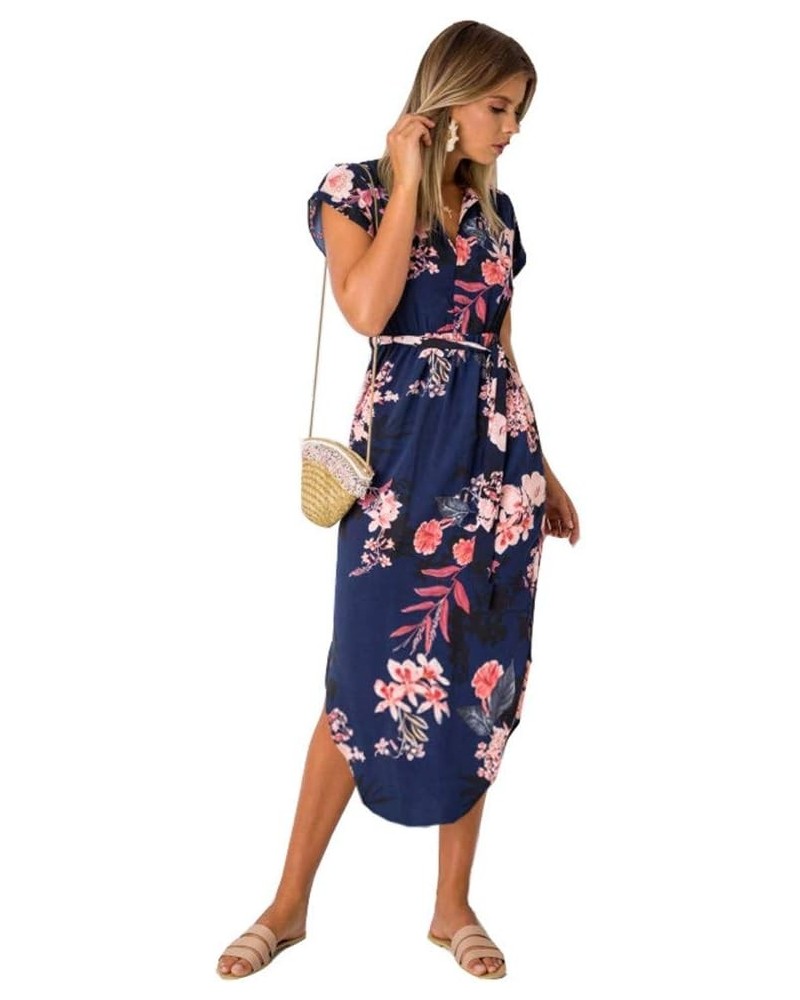 Womens Midi Dresses Summer V-Neck Short Sleeve Casual Office Geometric Belted Dress Navy Blue $15.92 Dresses