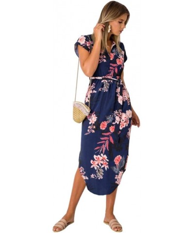 Womens Midi Dresses Summer V-Neck Short Sleeve Casual Office Geometric Belted Dress Navy Blue $15.92 Dresses