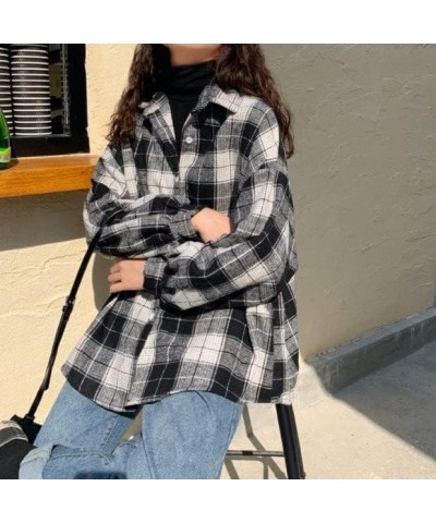 Harajuku Shirts Women's Cardigan Retro Spring and Autumn Women's Plaid Shirts Loose Korean Fashion Tops Black $11.00 Blouses