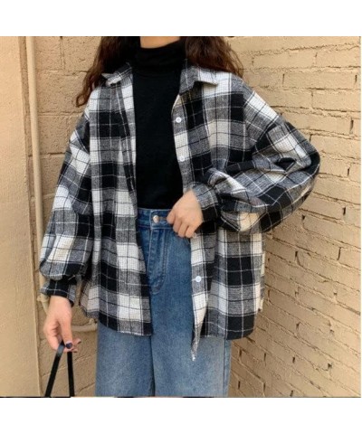 Harajuku Shirts Women's Cardigan Retro Spring and Autumn Women's Plaid Shirts Loose Korean Fashion Tops Black $11.00 Blouses