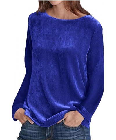 Velvet Tops for Women Vintage Solid Color Fitted Long Sleeve Shirts Elegant Dressy Casual Crewneck Pullover Sweatshirt A-blue...