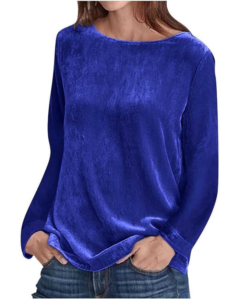 Velvet Tops for Women Vintage Solid Color Fitted Long Sleeve Shirts Elegant Dressy Casual Crewneck Pullover Sweatshirt A-blue...