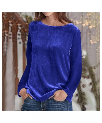 Velvet Tops for Women Vintage Solid Color Fitted Long Sleeve Shirts Elegant Dressy Casual Crewneck Pullover Sweatshirt A-blue...