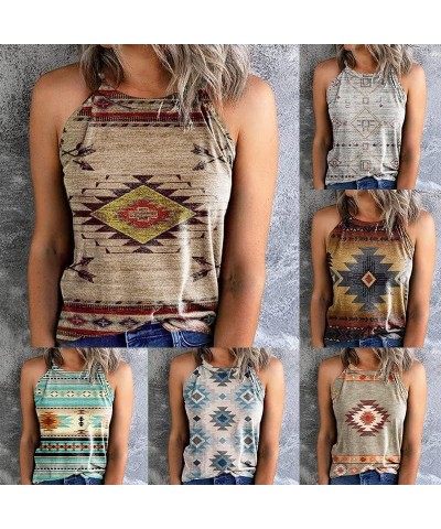 Women's Aztec Geometric Printed Halterneck Sleeveless Tank top Summer Casual Ethnic Graphic Condole Belt Cami Shirt Khaki $9....