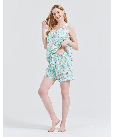 Women's Cute Cotton Pajama Set Cartoon Tank Tee Shorts Sleepwear Summer Plus Size Stripe Shoties Green Paisley $10.81 Sleep &...