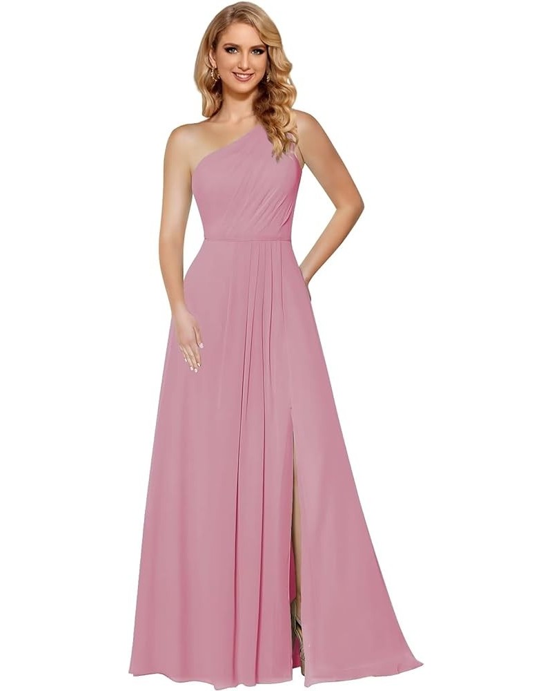 Women's One Shoulder Bridesmaid Dresses Long with Slit Ruched Chiffon Formal Party Dress with Pockets CM084 Mauve $31.36 Dresses