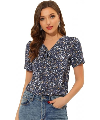 Women's Bow Tie V Neck Short Sleeve Patterns Top Straight Loose Breathable Printed Blouse Navy Blue $11.80 Blouses