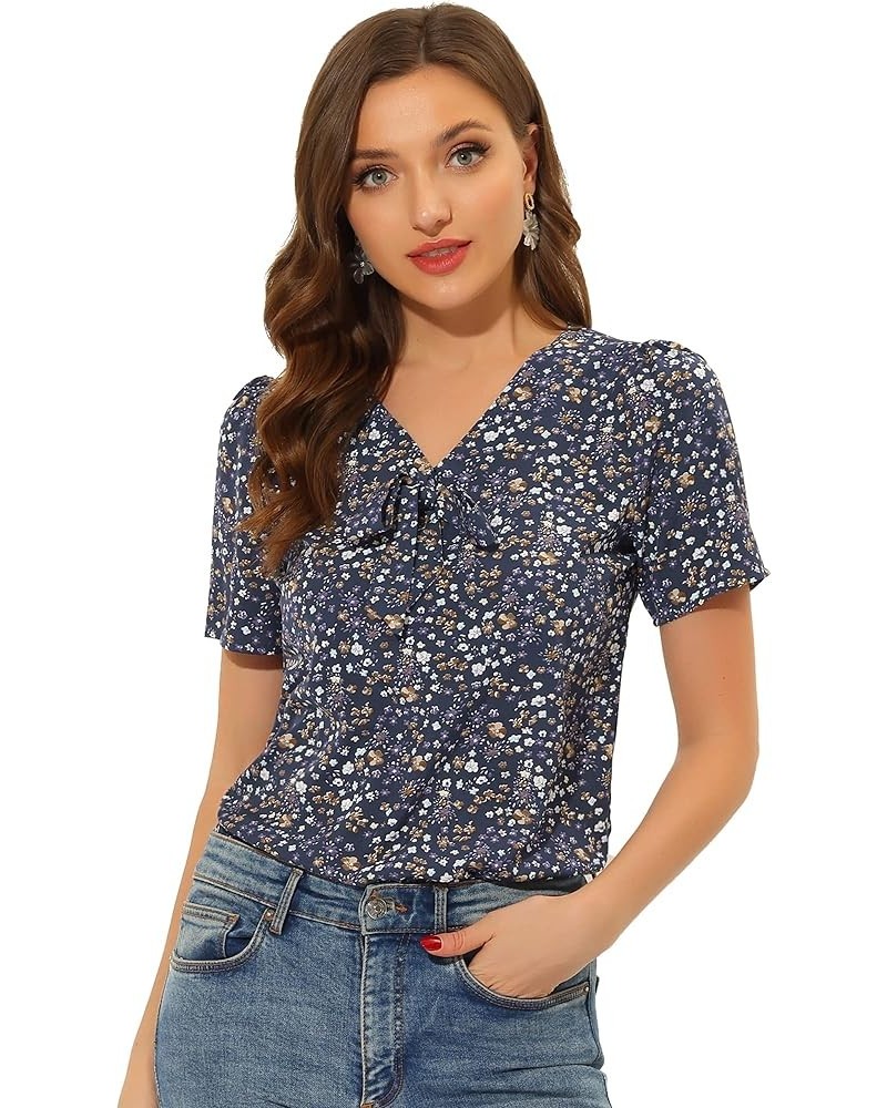 Women's Bow Tie V Neck Short Sleeve Patterns Top Straight Loose Breathable Printed Blouse Navy Blue $11.80 Blouses