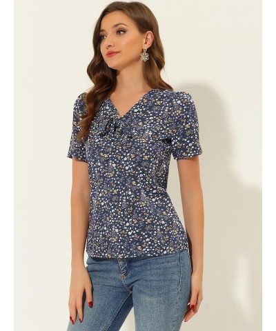 Women's Bow Tie V Neck Short Sleeve Patterns Top Straight Loose Breathable Printed Blouse Navy Blue $11.80 Blouses