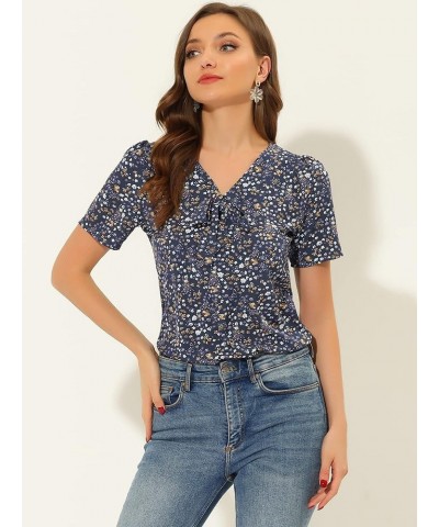 Women's Bow Tie V Neck Short Sleeve Patterns Top Straight Loose Breathable Printed Blouse Navy Blue $11.80 Blouses