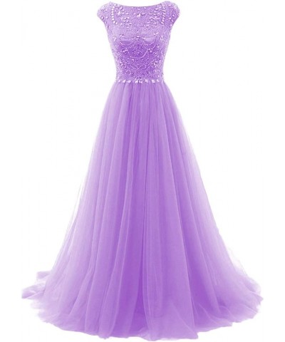 Women's Wedding Bridesmaid Dress Cap Sleeve Crystal Tulle Long Prom Dresses Lavender $46.03 Dresses