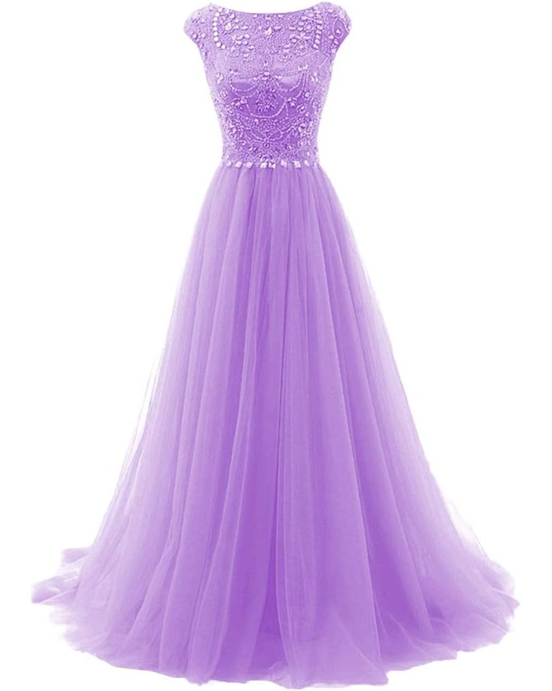 Women's Wedding Bridesmaid Dress Cap Sleeve Crystal Tulle Long Prom Dresses Lavender $46.03 Dresses