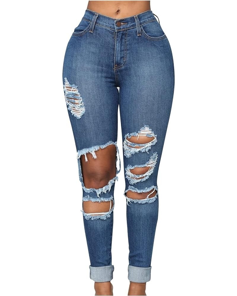 Women's Lace Skinny Pencil Jeans Stretch Slim Hole Fitness Denim Pants Blue 4 $11.93 Jeans