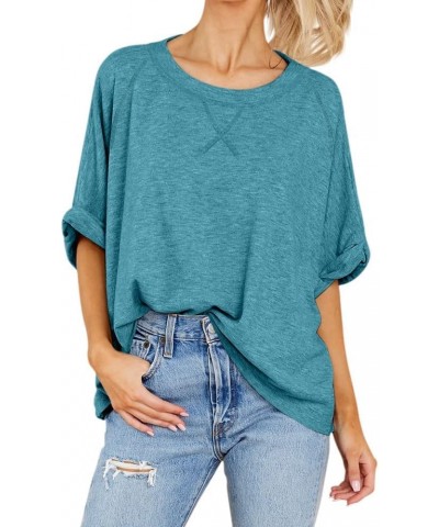 Womens Short Sleeve Oversized Tops Summer Crew Neck Loose Casual Tee T-Shirt C-h-blue $11.00 T-Shirts