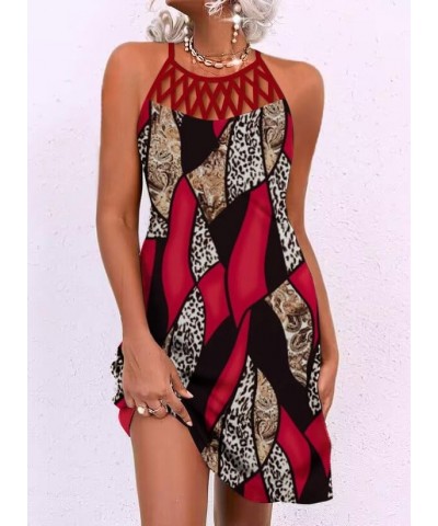 Womens Summer Halter Neck Hollow Out Sleeveless Dress Floral Print Beach Boho Short Mini Sundresses Block Red $16.16 Dresses