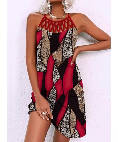 Womens Summer Halter Neck Hollow Out Sleeveless Dress Floral Print Beach Boho Short Mini Sundresses Block Red $16.16 Dresses