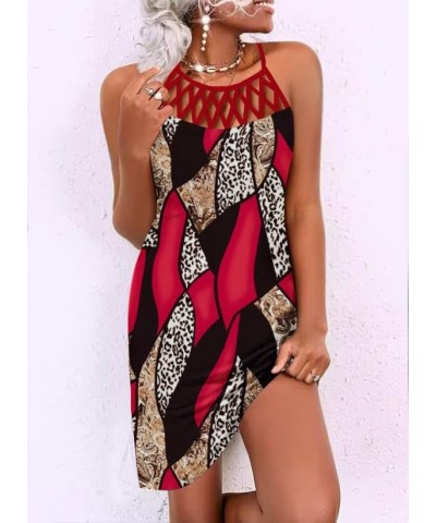 Womens Summer Halter Neck Hollow Out Sleeveless Dress Floral Print Beach Boho Short Mini Sundresses Block Red $16.16 Dresses