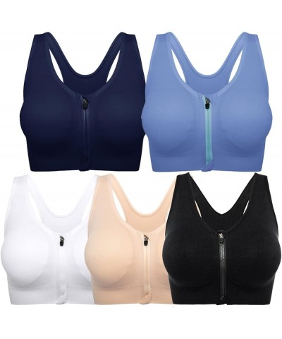 Sports Bras for Women Zip Front Sports Bra Wireless Post-Surgery Bra Removable Cups Yoga Sport Bra 5 Pack(beige+black+white+n...