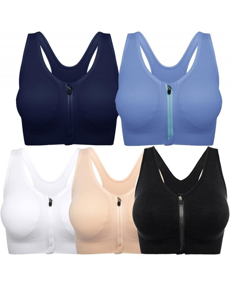 Sports Bras for Women Zip Front Sports Bra Wireless Post-Surgery Bra Removable Cups Yoga Sport Bra 5 Pack(beige+black+white+n...