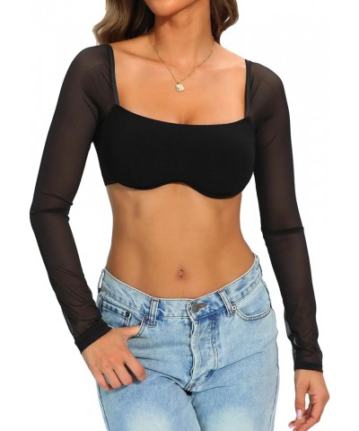 Women Long Sleeve Corset Tops Ribbed Square Neck Going Out Crop Tops Rave Top 03a Mesh Sheer Corset Tops $11.79 Tops