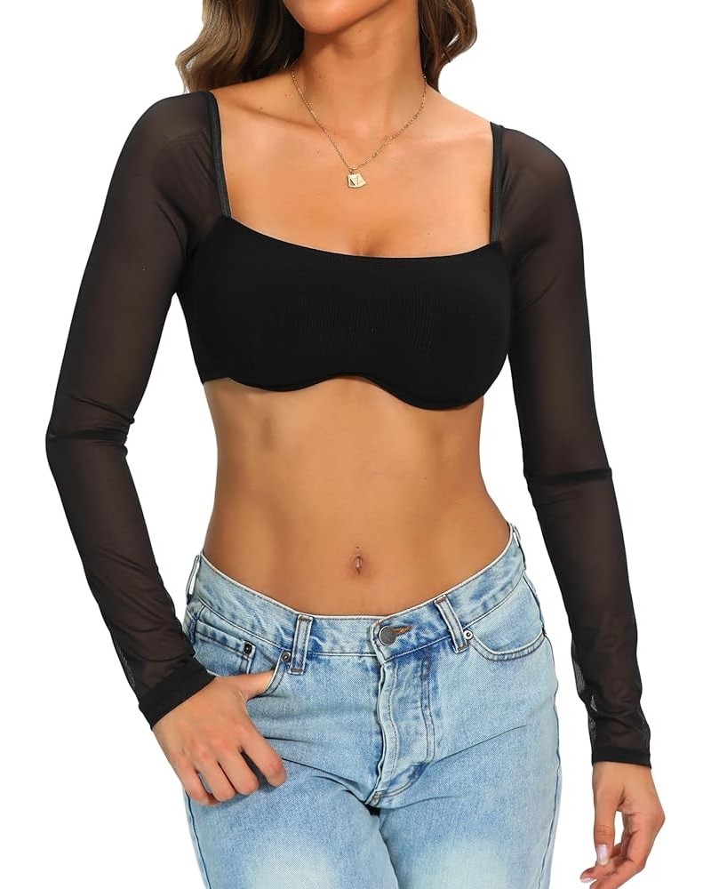 Women Long Sleeve Corset Tops Ribbed Square Neck Going Out Crop Tops Rave Top 03a Mesh Sheer Corset Tops $11.79 Tops