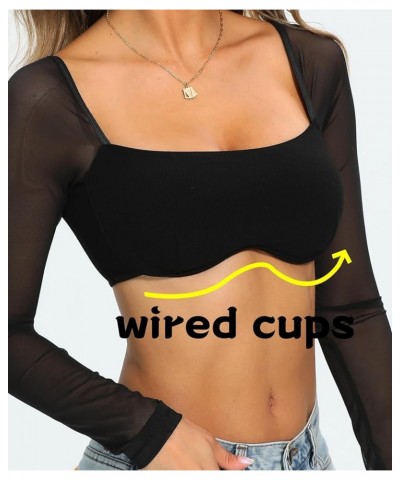 Women Long Sleeve Corset Tops Ribbed Square Neck Going Out Crop Tops Rave Top 03a Mesh Sheer Corset Tops $11.79 Tops