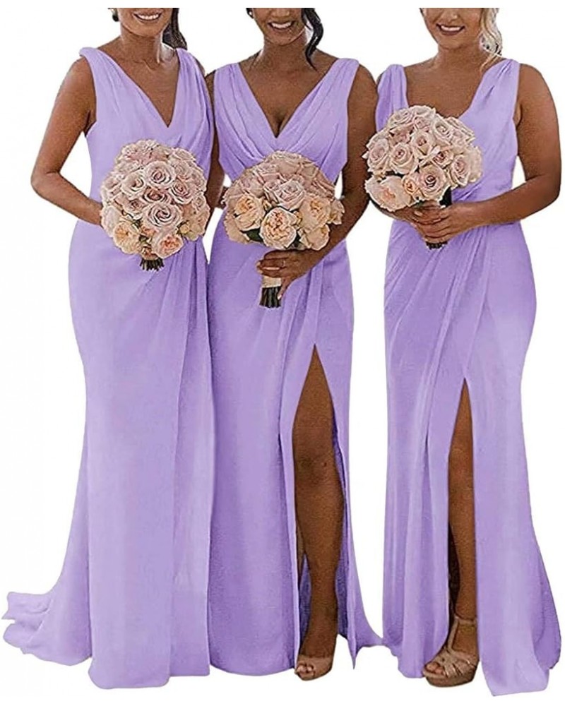 V Neck Slit Bridesmaid Dresses Long Chiffon Beach Wedding Evening Dress Lavender $43.09 Dresses