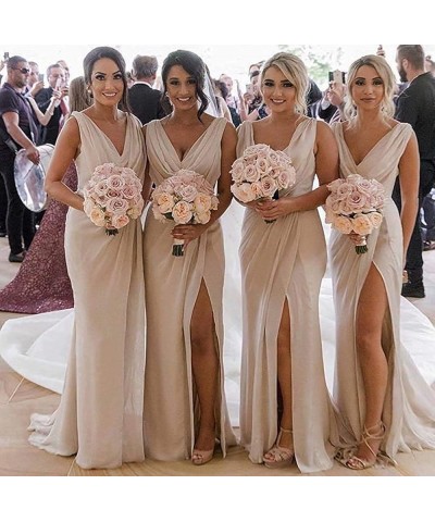 V Neck Slit Bridesmaid Dresses Long Chiffon Beach Wedding Evening Dress Lavender $43.09 Dresses