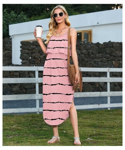 Women's Adjustable Strappy Split Summer Beach Casual Midi Dress F Stripe Pink $11.27 Dresses