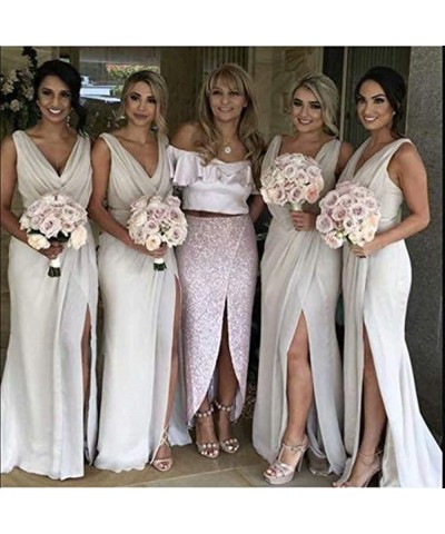 V Neck Slit Bridesmaid Dresses Long Chiffon Beach Wedding Evening Dress Lavender $43.09 Dresses