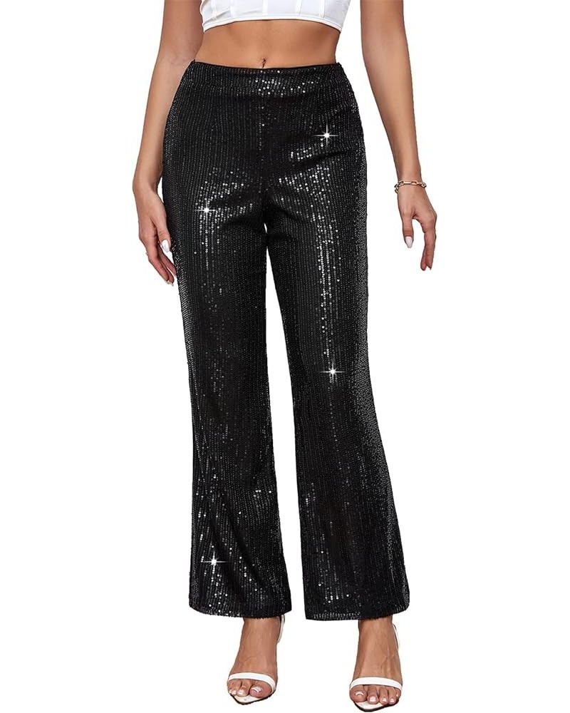 Womens High Waist Casual Loose Sparkle Sequin Shiny Wide Leg Flare Palazzo Pants Trousers 08-black $20.24 Pants