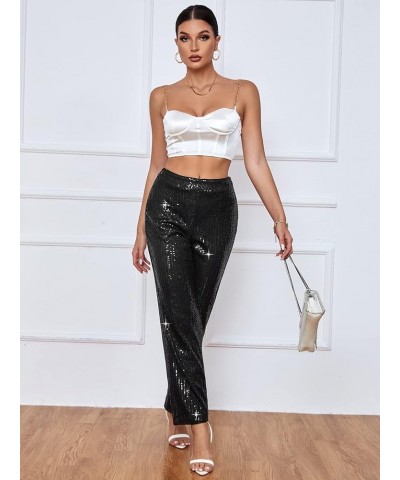 Womens High Waist Casual Loose Sparkle Sequin Shiny Wide Leg Flare Palazzo Pants Trousers 08-black $20.24 Pants