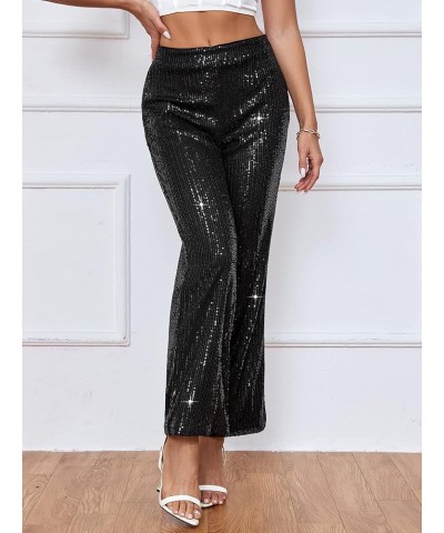 Womens High Waist Casual Loose Sparkle Sequin Shiny Wide Leg Flare Palazzo Pants Trousers 08-black $20.24 Pants