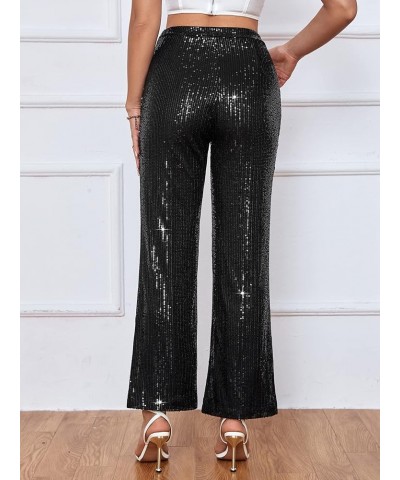 Womens High Waist Casual Loose Sparkle Sequin Shiny Wide Leg Flare Palazzo Pants Trousers 08-black $20.24 Pants