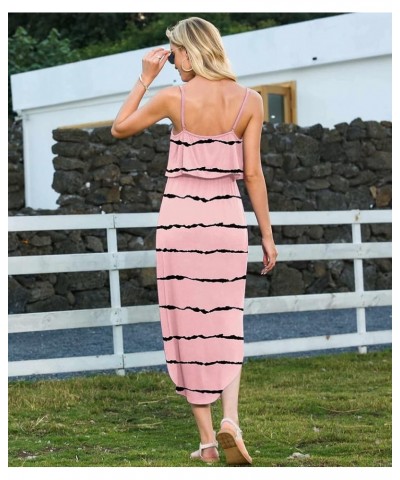 Women's Adjustable Strappy Split Summer Beach Casual Midi Dress F Stripe Pink $11.27 Dresses
