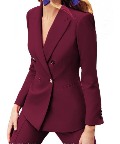 Women's 2 Piece Business Suit Lady Double Breasted Slim Fit Blazer Work Suits（Blazer+Jacket+Pant ） Burgundy $29.44 Suits