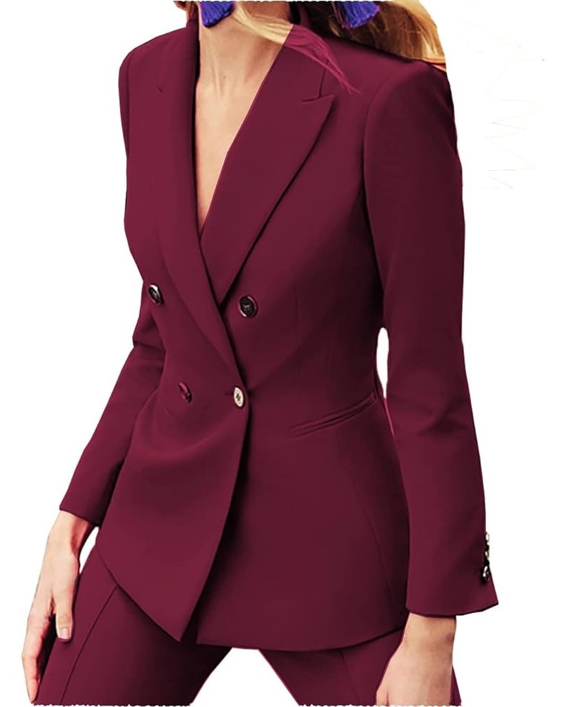 Women's 2 Piece Business Suit Lady Double Breasted Slim Fit Blazer Work Suits（Blazer+Jacket+Pant ） Burgundy $29.44 Suits