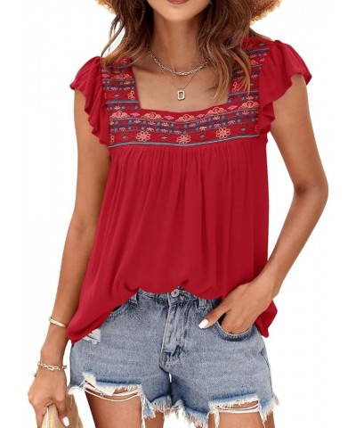 Womens Square Neck Embroidered Tops Flowy Babydoll Tops Ruffle Sleeve Boho Peasant Blouses Red $14.08 Blouses