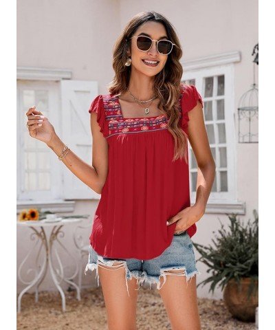 Womens Square Neck Embroidered Tops Flowy Babydoll Tops Ruffle Sleeve Boho Peasant Blouses Red $14.08 Blouses