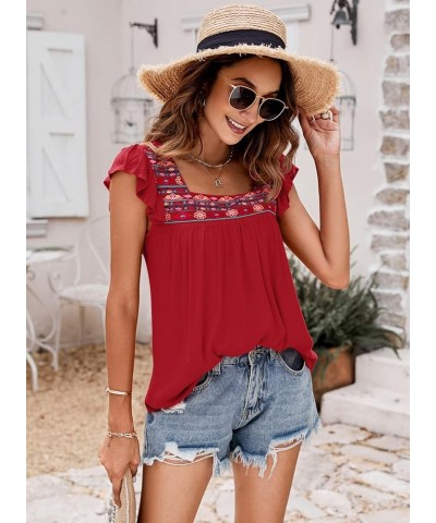 Womens Square Neck Embroidered Tops Flowy Babydoll Tops Ruffle Sleeve Boho Peasant Blouses Red $14.08 Blouses