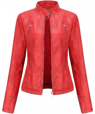 Faux Leather Jacket Women Bomber Jacket Women's Belted Motorcycle Jacket Red $30.77 Coats