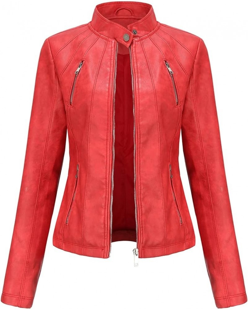 Faux Leather Jacket Women Bomber Jacket Women's Belted Motorcycle Jacket Red $30.77 Coats