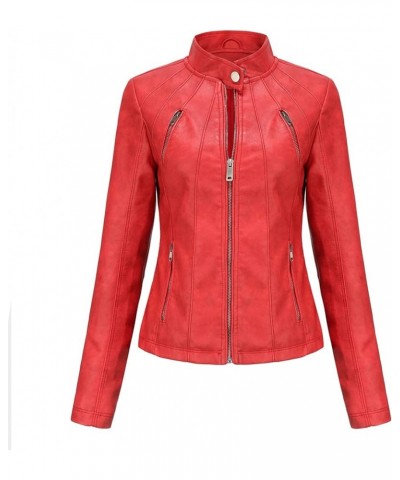 Faux Leather Jacket Women Bomber Jacket Women's Belted Motorcycle Jacket Red $30.77 Coats