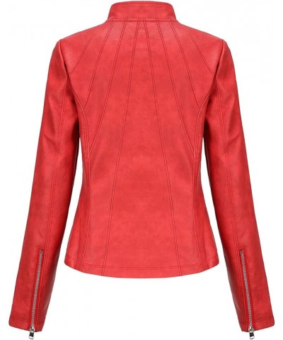 Faux Leather Jacket Women Bomber Jacket Women's Belted Motorcycle Jacket Red $30.77 Coats