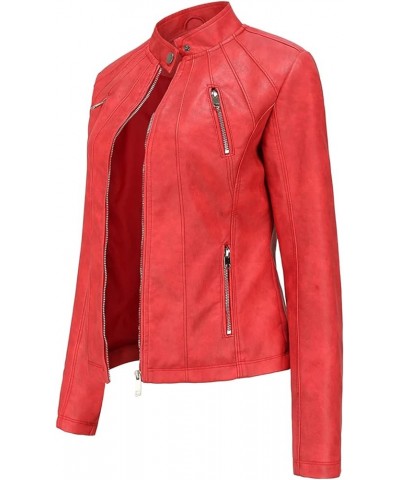 Faux Leather Jacket Women Bomber Jacket Women's Belted Motorcycle Jacket Red $30.77 Coats